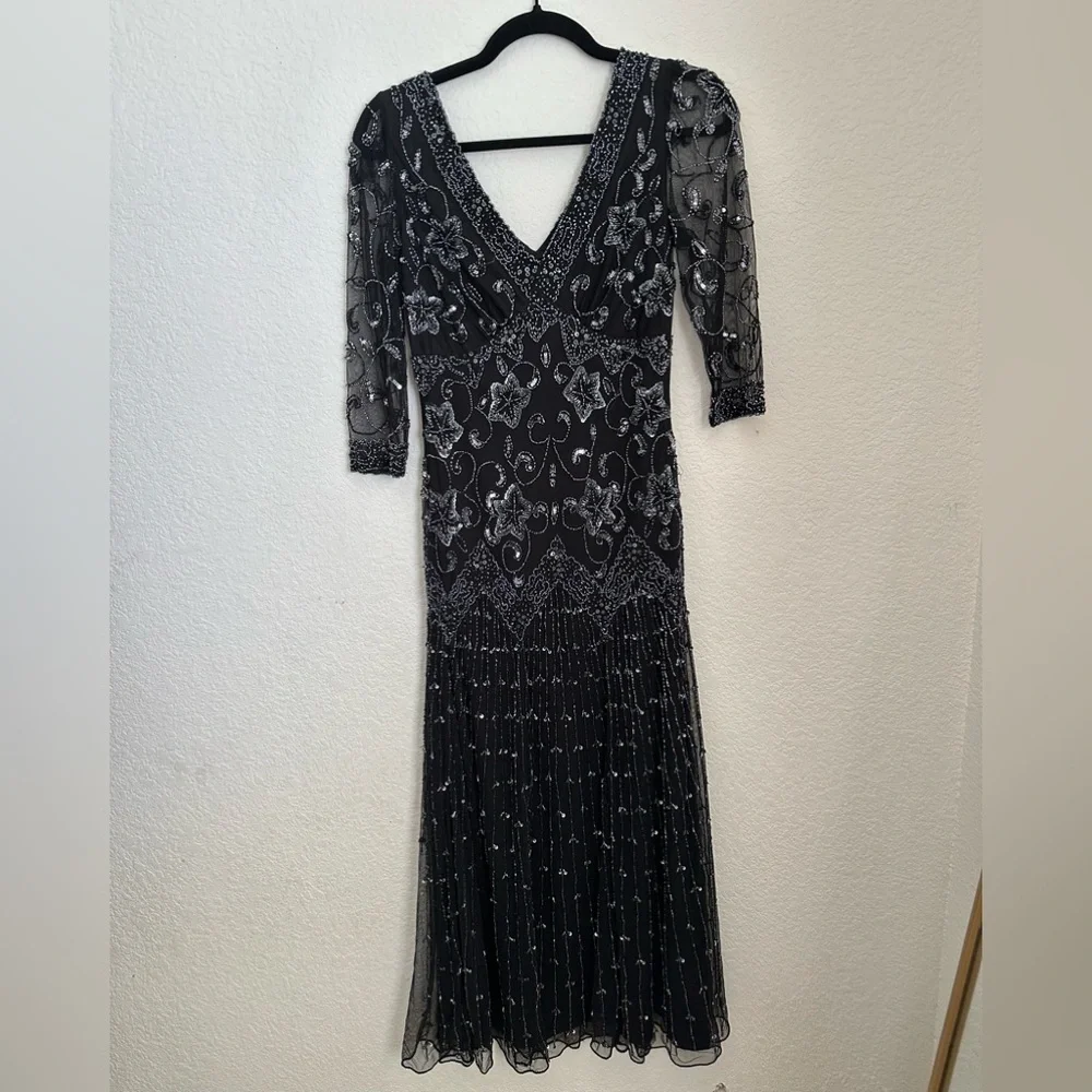 Vintage Pisarro Nights Charcoal Sequin Formal Dress with 3/4 Sleeves Size 4 - Picture 2 of 8